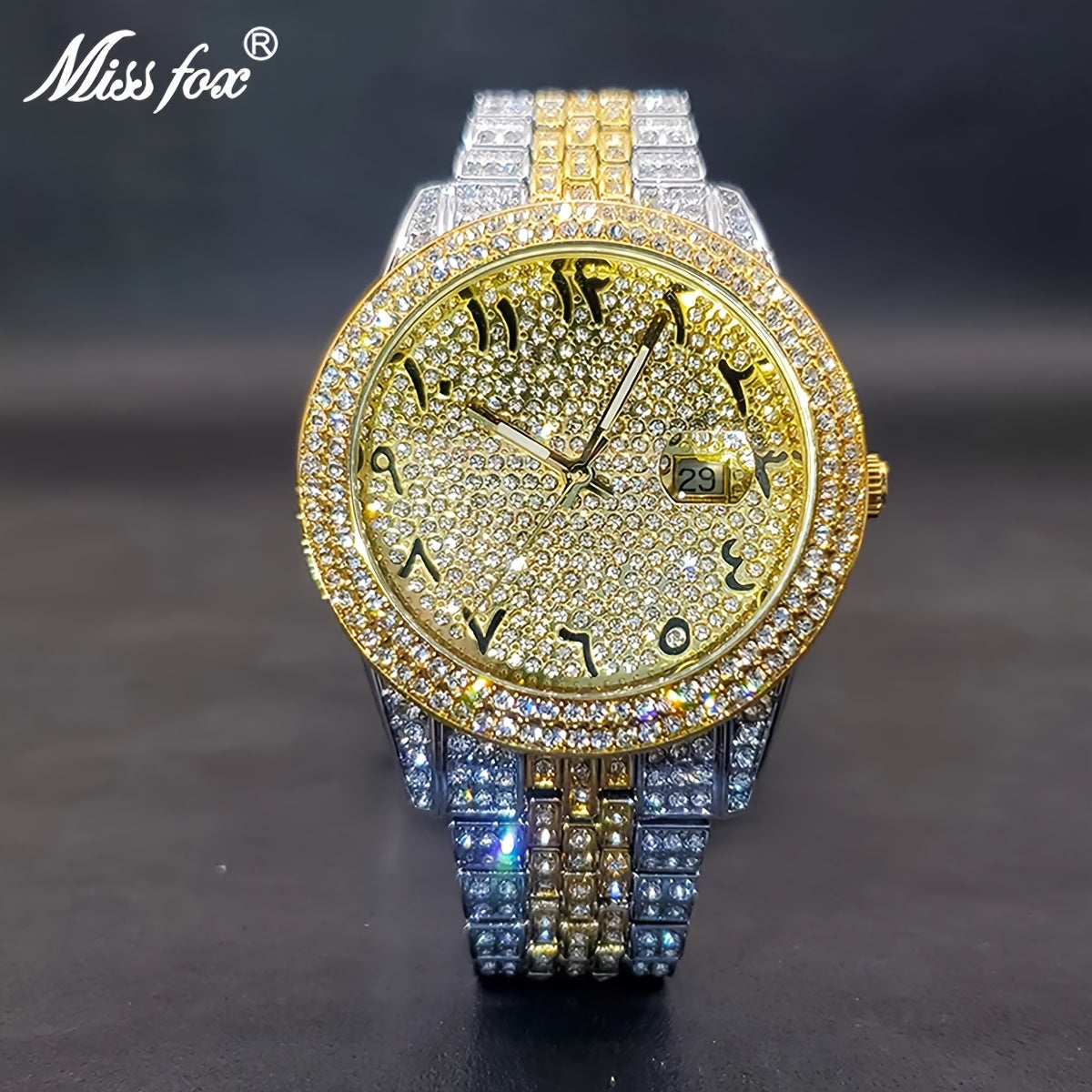 Luxurious And Stylish Men's Golden Watch With Full Diamonds, Perfect For Parties, Dates, And As A Valentine's Day Gift For Men And Women.