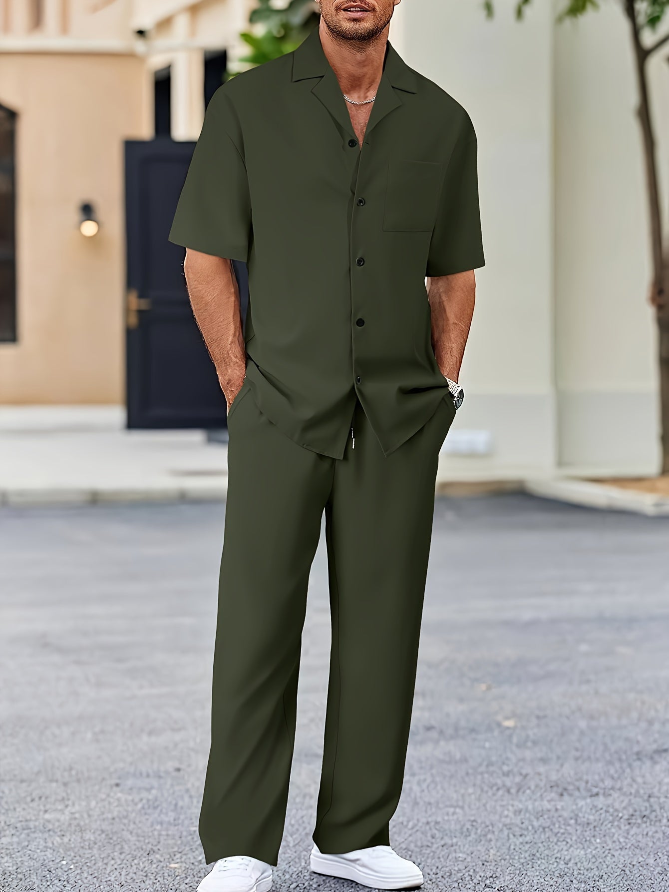 Men's Casual Suit-Inspired Short Sleeve Shirt & Loose Straight Pants Set - Polyester, Machine Washable