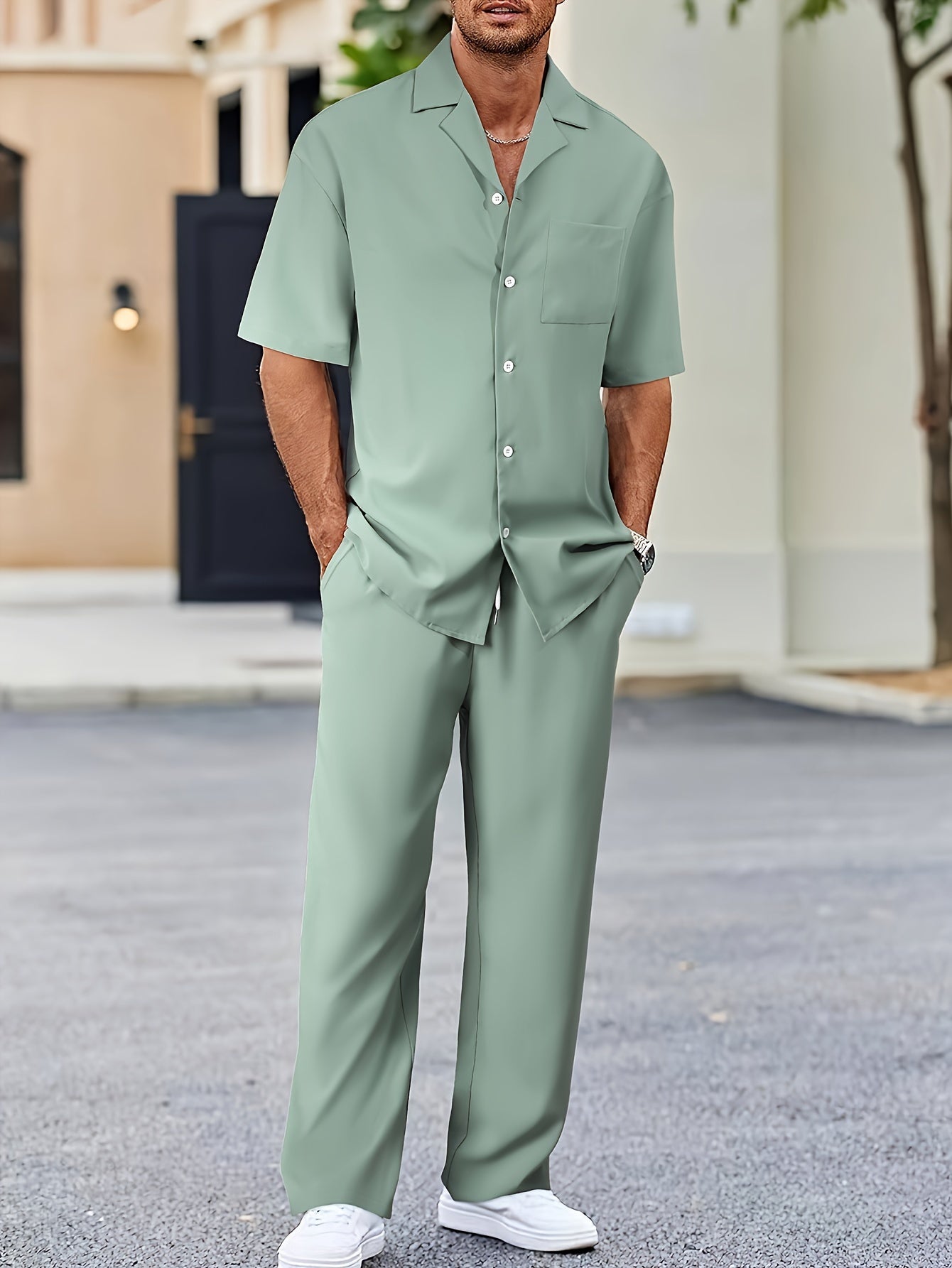 Men's Casual Suit-Inspired Short Sleeve Shirt & Loose Straight Pants Set - Polyester, Machine Washable