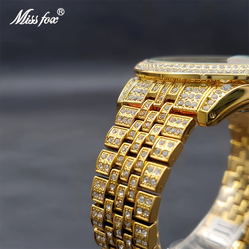 Luxurious And Stylish Men's Golden Watch With Full Diamonds, Perfect For Parties, Dates, And As A Valentine's Day Gift For Men And Women.