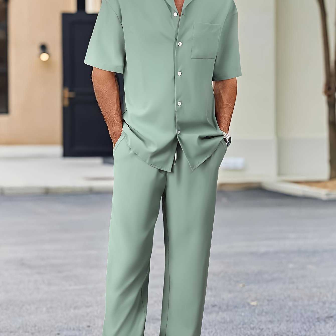 Men's Casual Suit-Inspired Short Sleeve Shirt & Loose Straight Pants Set - Polyester, Machine Washable