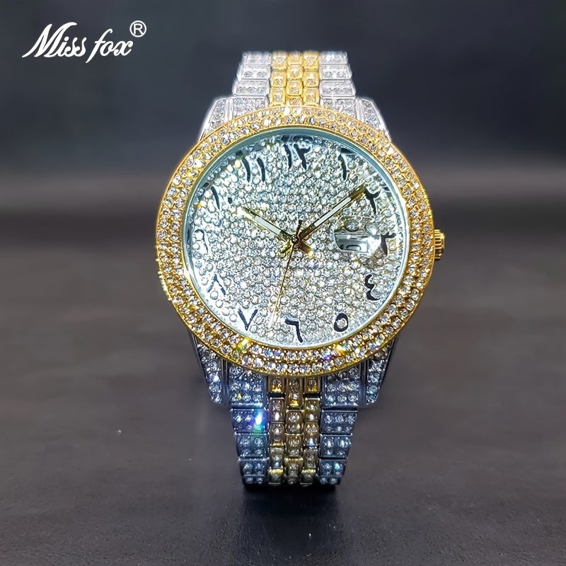 Luxurious And Stylish Men's Golden Watch With Full Diamonds, Perfect For Parties, Dates, And As A Valentine's Day Gift For Men And Women.