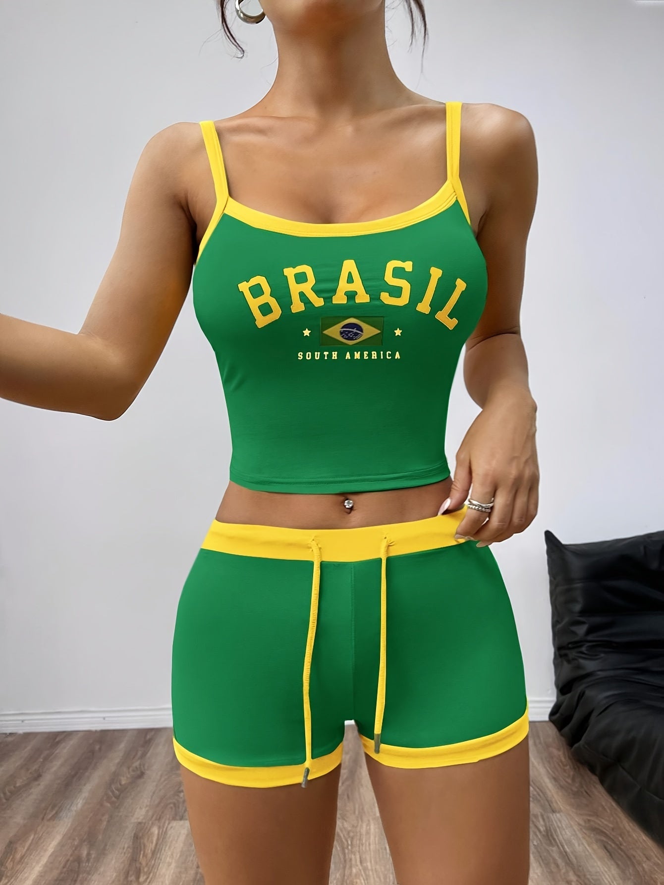 Casual Contrast Trim Shorts Set, Letter & Brazil Flag Print Crew Neck Cami Top & Drawstring Waist Slim Shorts, Women's Clothing