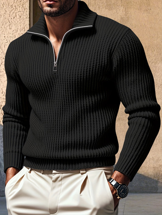 1pc Men'S High Neck Zipper Sweater - 100% Polyester Knit Fabric, Casual Solid Color Long Sleeve Top for Outdoor, Hiking, Party, Daily Wear - Slight Stretch, Regular Fit for Teens & Adults - Ideal for New Year, Christmas, East