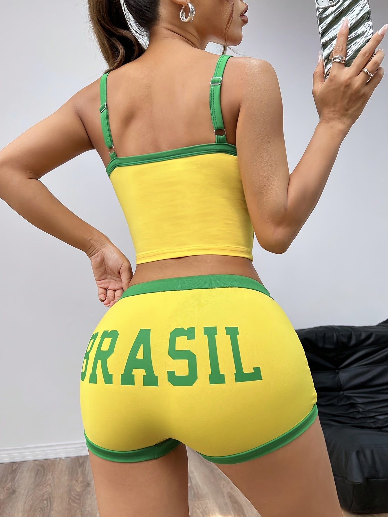 Casual Contrast Trim Shorts Set, Letter & Brazil Flag Print Crew Neck Cami Top & Drawstring Waist Slim Shorts, Women's Clothing