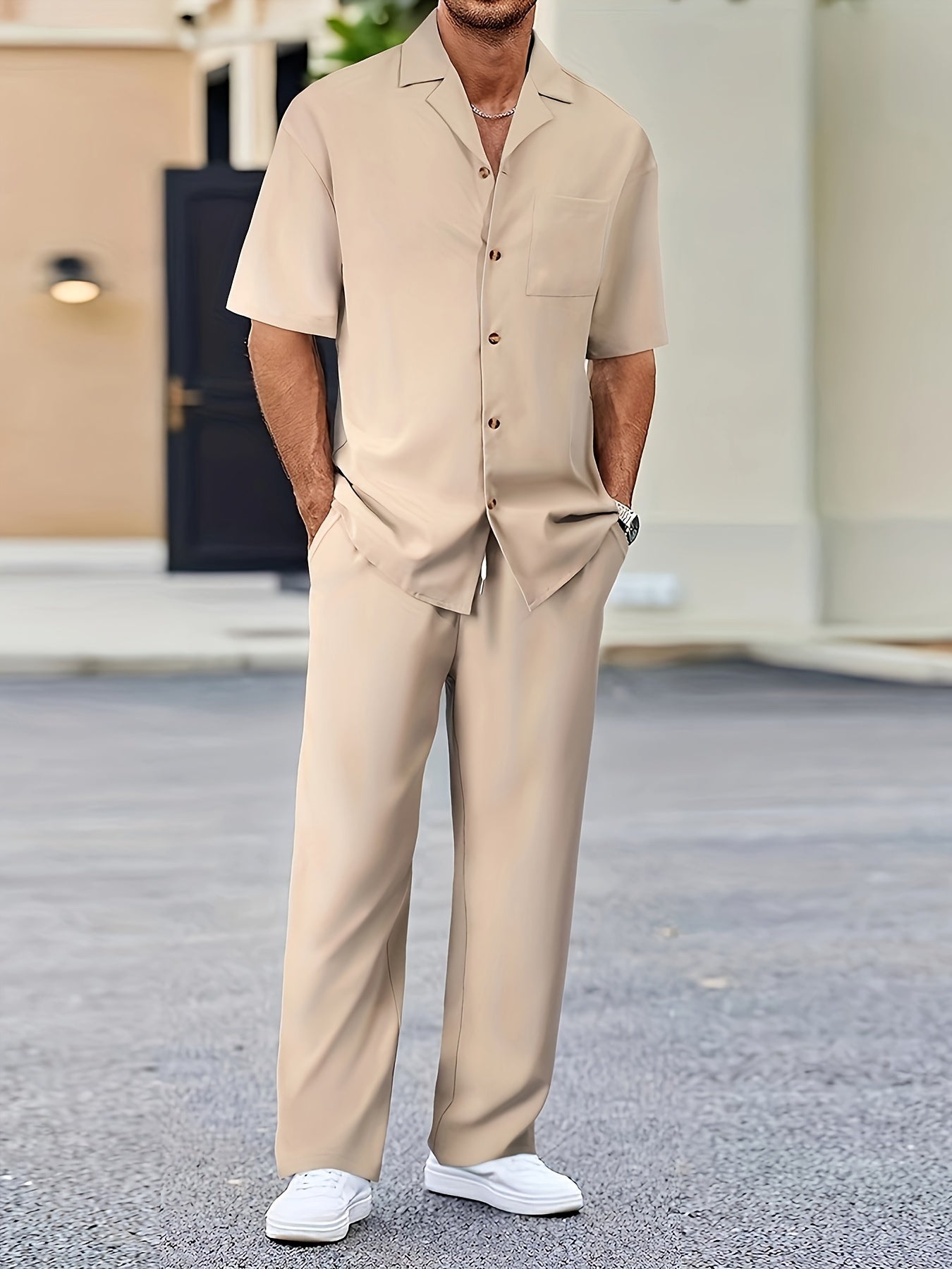 Men's Casual Suit-Inspired Short Sleeve Shirt & Loose Straight Pants Set - Polyester, Machine Washable