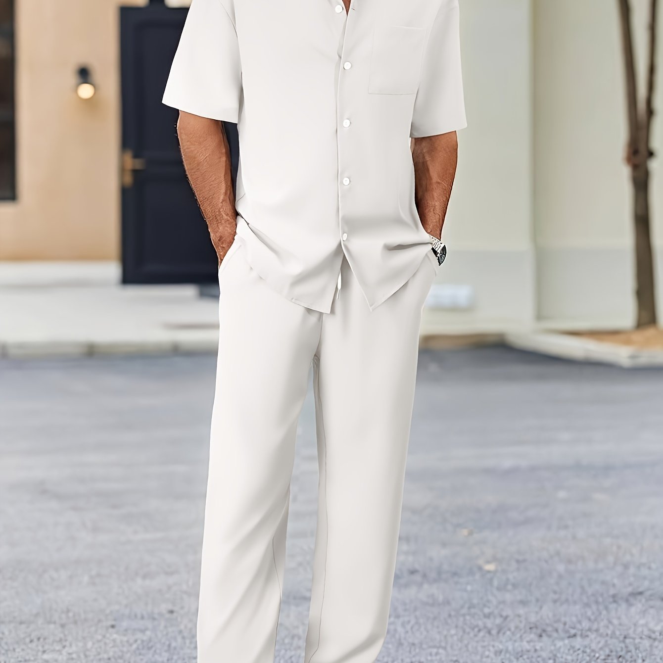 Men's Casual Suit-Inspired Short Sleeve Shirt & Loose Straight Pants Set - Polyester, Machine Washable