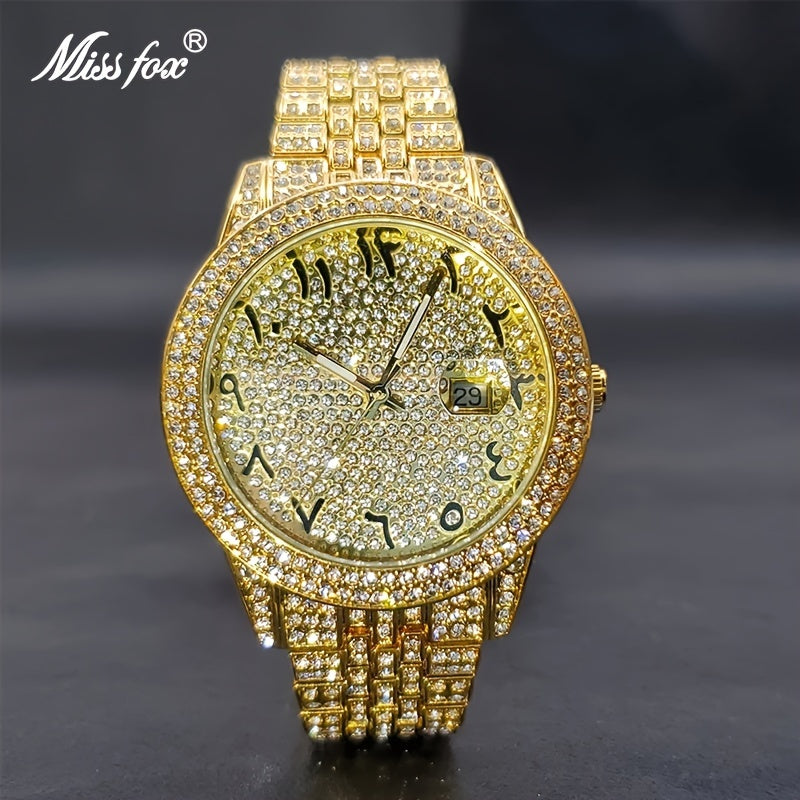 Luxurious And Stylish Men's Golden Watch With Full Diamonds, Perfect For Parties, Dates, And As A Valentine's Day Gift For Men And Women.