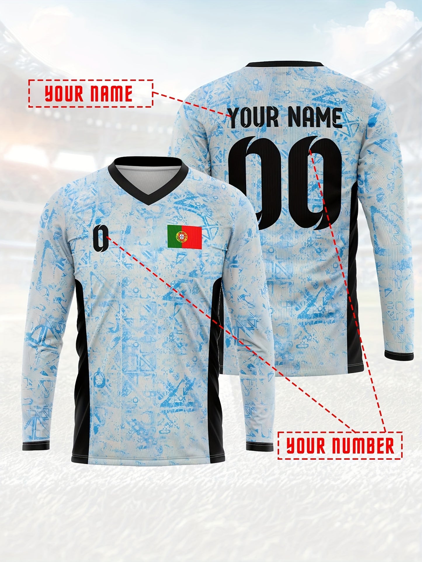 Portugal Legion of Five Shields Men'S V-Neck Long Sleeve Football Jersey, Polyester Material, All Over Print, Slight Stretch, Regular Fit, for Daily Leisure Party Gatherings, Training, Running, Soccer, Outdoor Activities