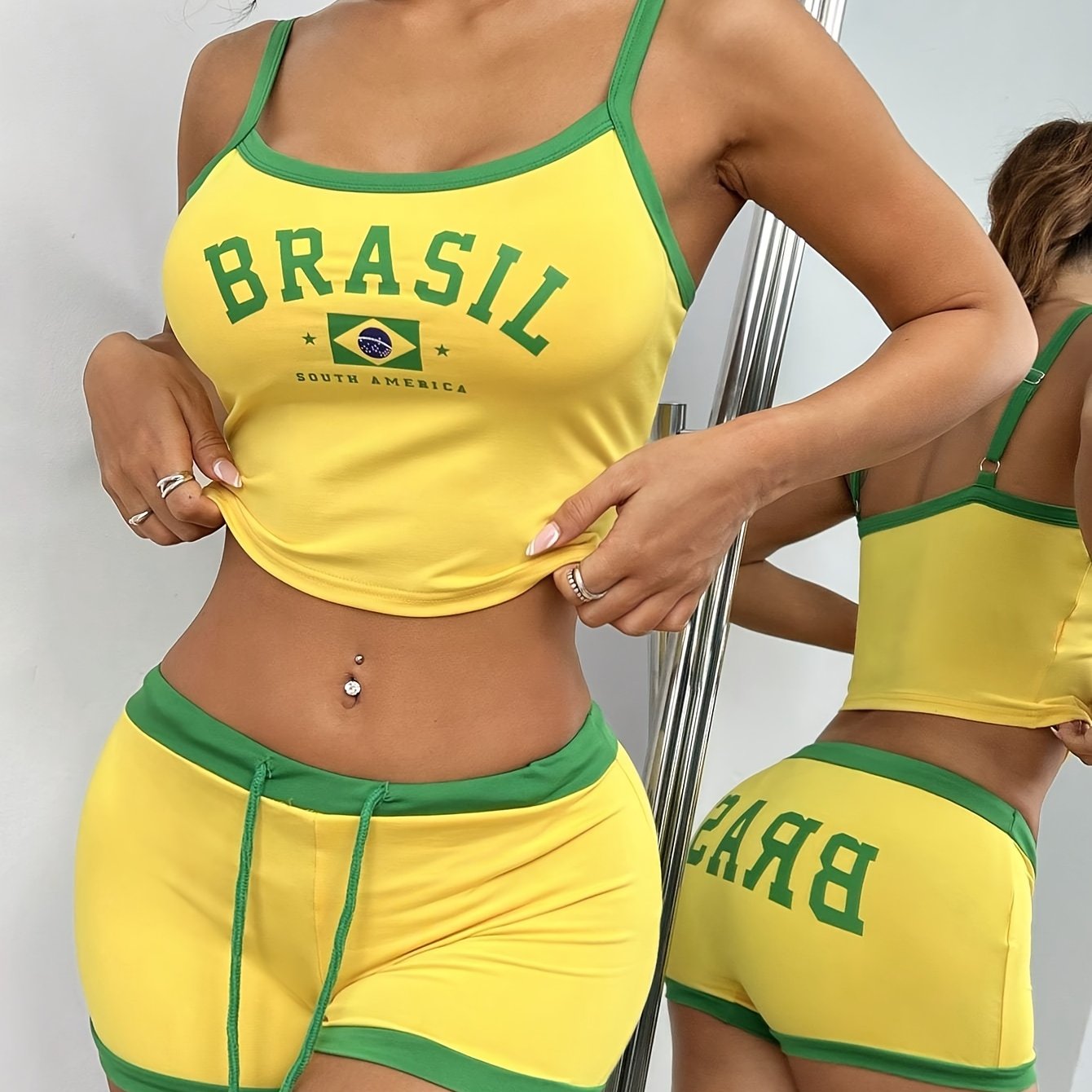 Casual Contrast Trim Shorts Set, Letter & Brazil Flag Print Crew Neck Cami Top & Drawstring Waist Slim Shorts, Women's Clothing