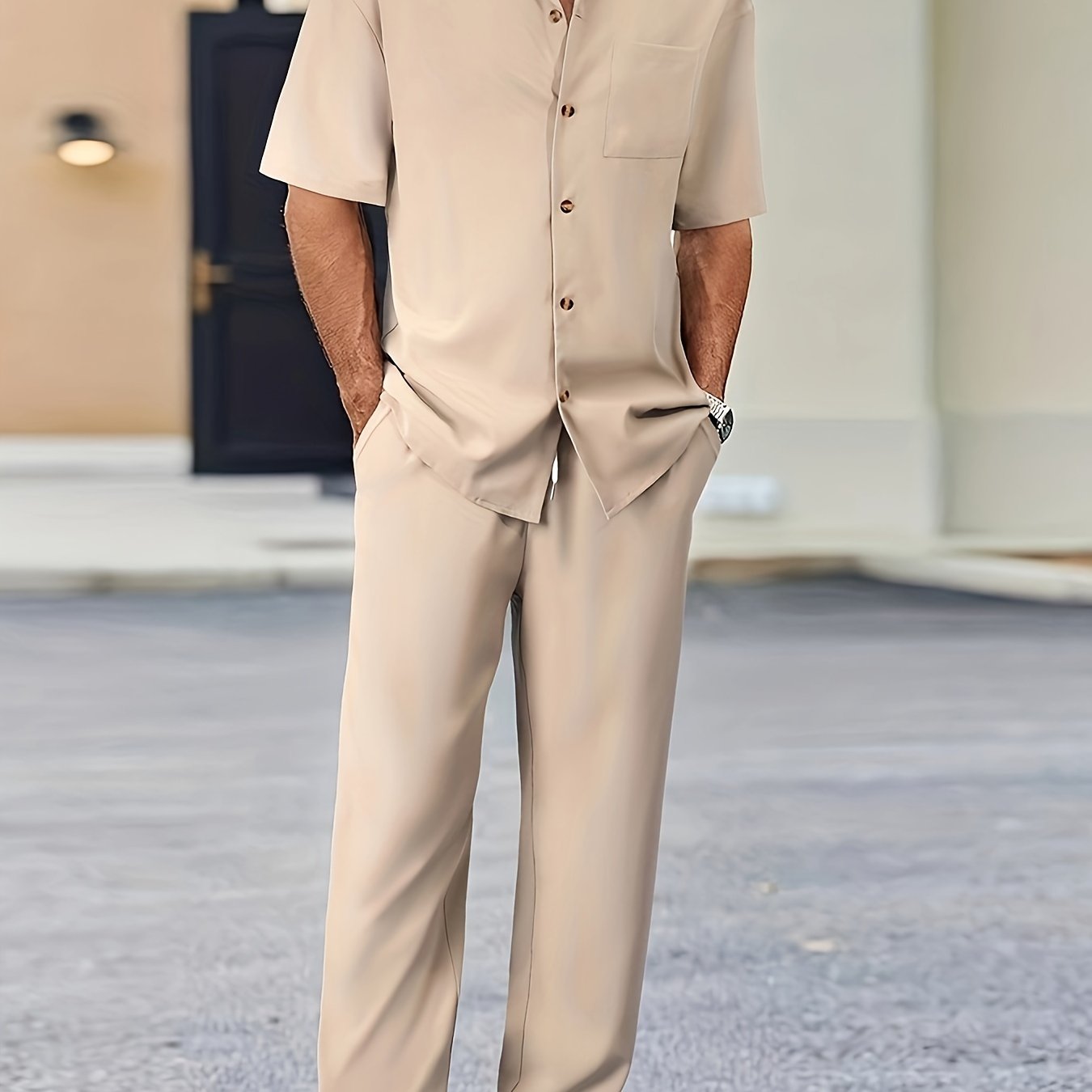 Men's Casual Suit-Inspired Short Sleeve Shirt & Loose Straight Pants Set - Polyester, Machine Washable