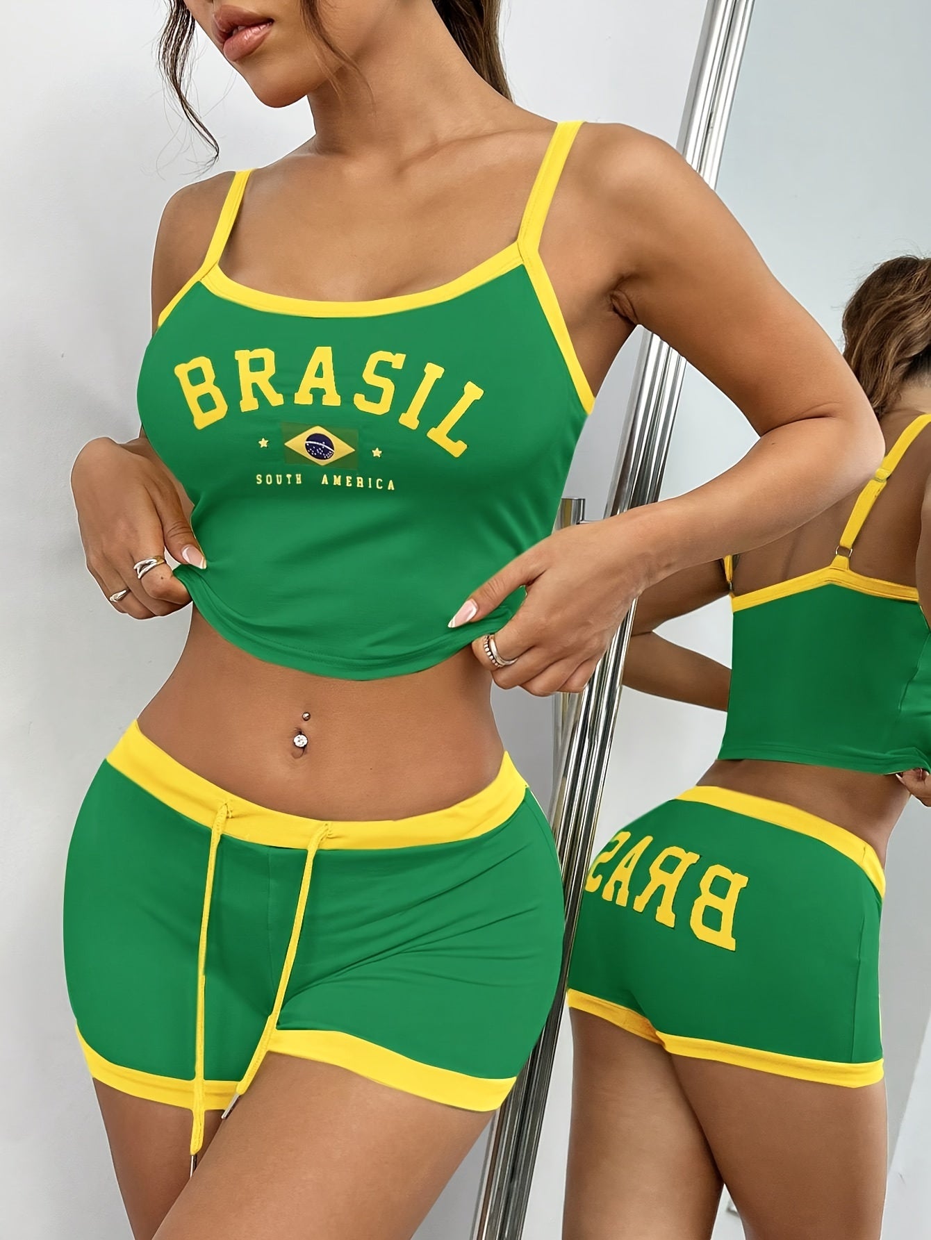 Casual Contrast Trim Shorts Set, Letter & Brazil Flag Print Crew Neck Cami Top & Drawstring Waist Slim Shorts, Women's Clothing