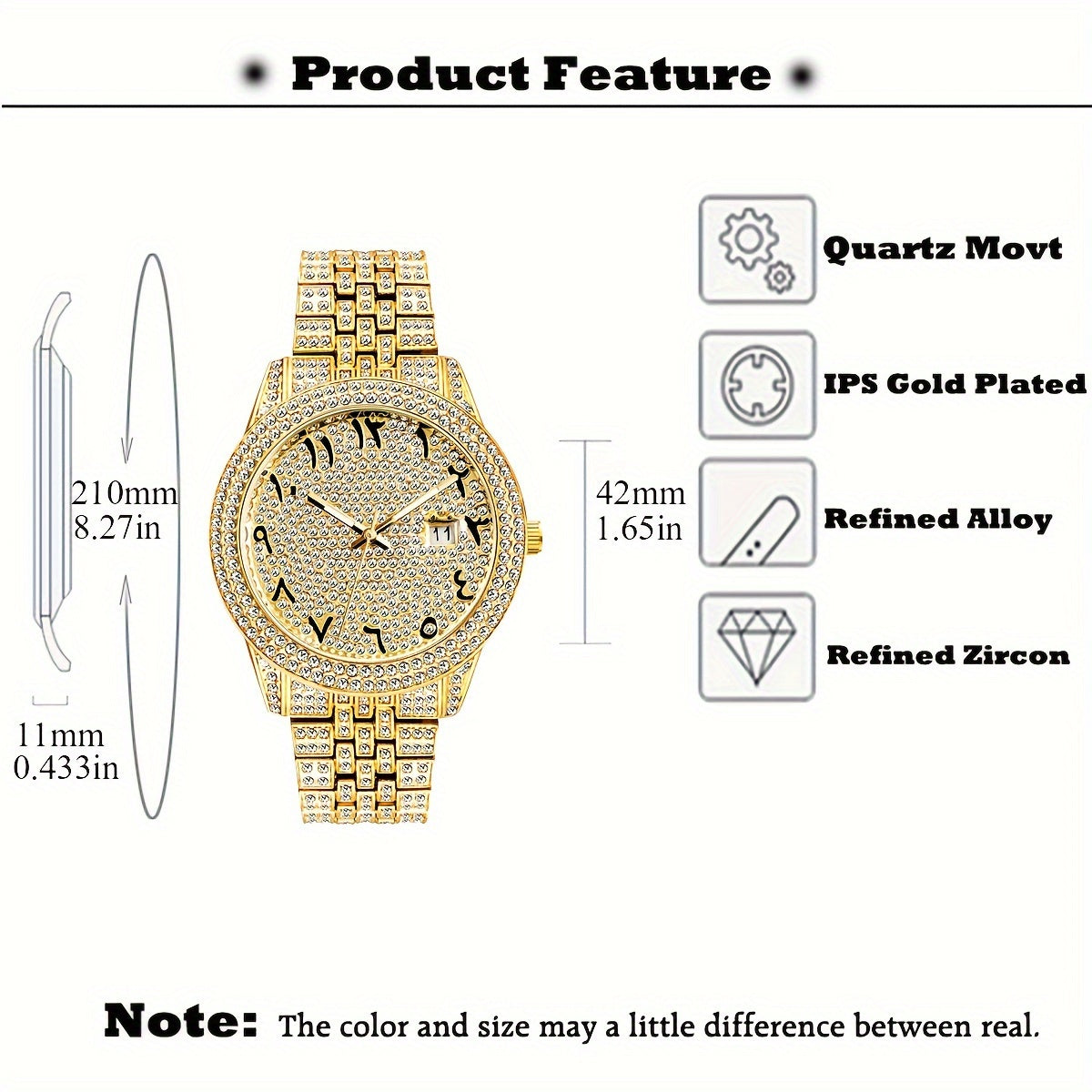 Luxurious And Stylish Men's Golden Watch With Full Diamonds, Perfect For Parties, Dates, And As A Valentine's Day Gift For Men And Women.