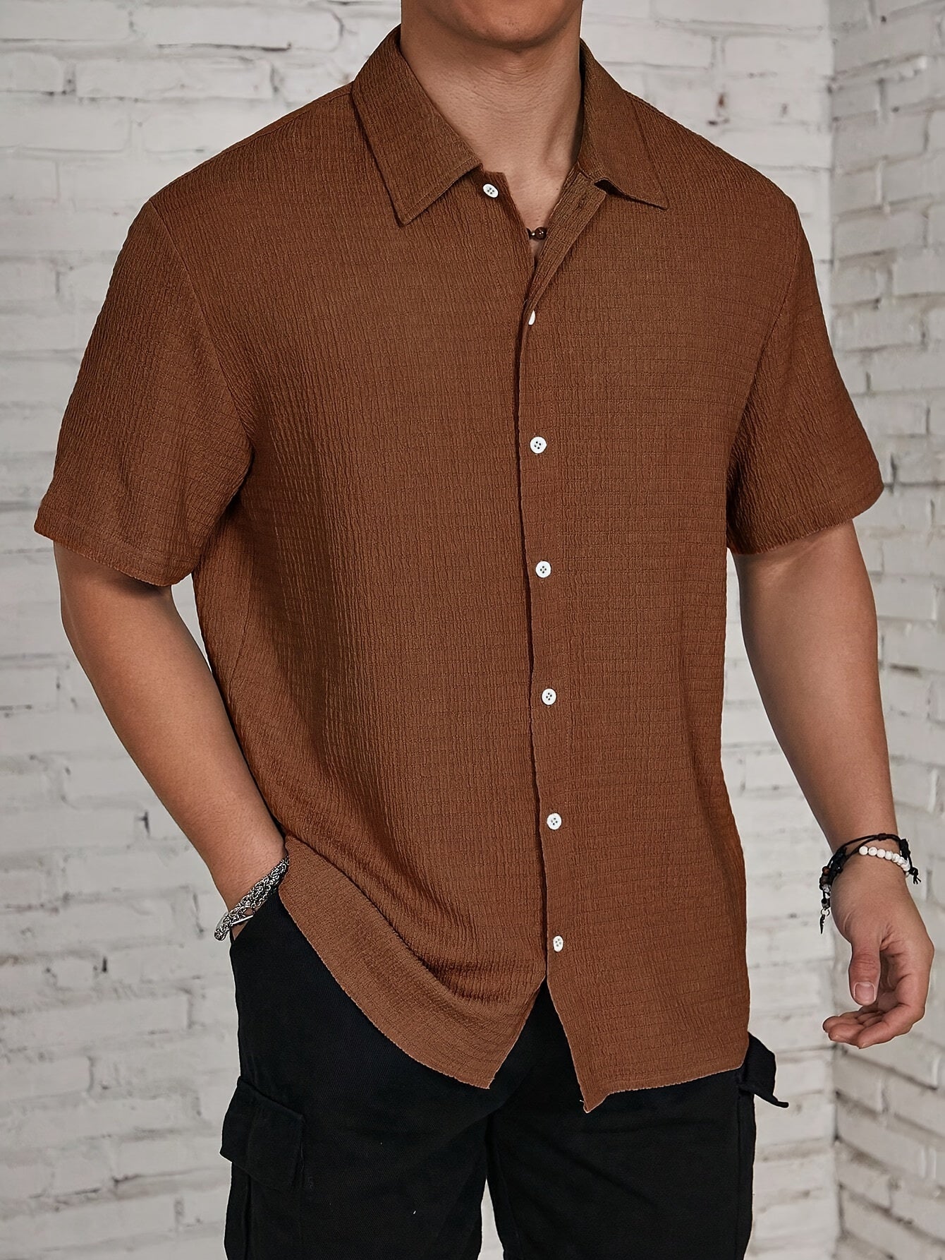 Men's Classic Solid Black Casual Button-Up Shirt - Lightweight Polyester, Easy Care, Short Sleeve with Collar for Spring/Summer