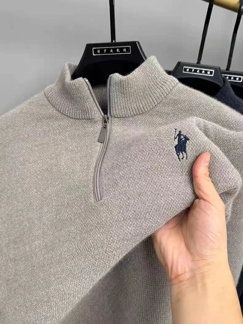 High quality men's zipper knitted sweater winter new fashion luxury brand pony embroidery design plush warm casual Sweatshirt