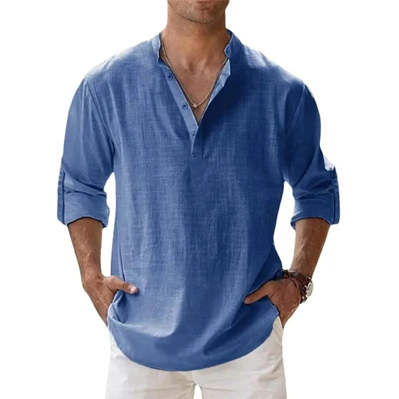 Streetwear Men Lightweight Shirts Long Sleeve Henley Cotton Linen Shirts for Men Beach Hawaiian Shirts Breathable Collar Tshirts