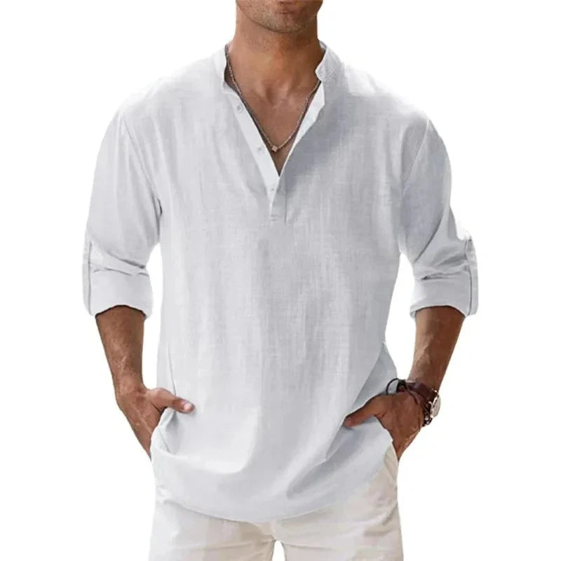 Streetwear Men Lightweight Shirts Long Sleeve Henley Cotton Linen Shirts for Men Beach Hawaiian Shirts Breathable Collar Tshirts