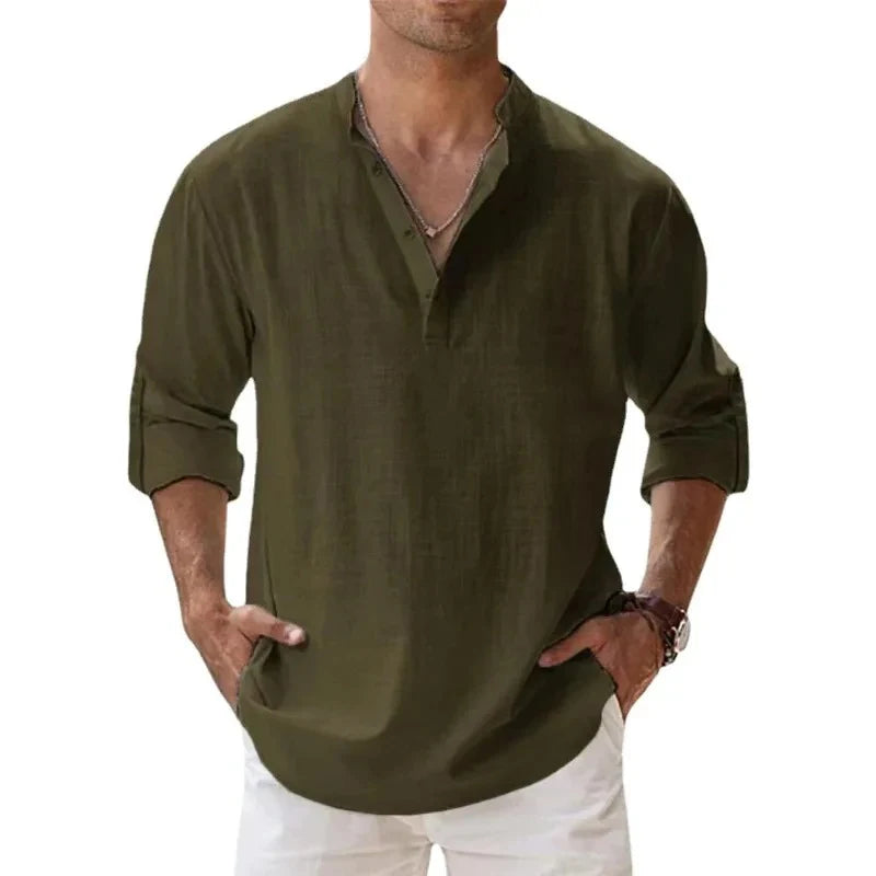 Streetwear Men Lightweight Shirts Long Sleeve Henley Cotton Linen Shirts for Men Beach Hawaiian Shirts Breathable Collar Tshirts