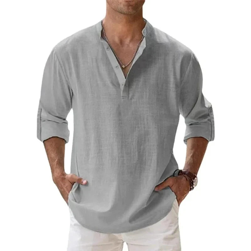 Streetwear Men Lightweight Shirts Long Sleeve Henley Cotton Linen Shirts for Men Beach Hawaiian Shirts Breathable Collar Tshirts