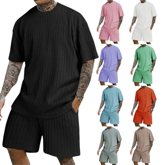 Men's new fashion summer sports solid color crew-neck vertical stripe T-shirt shorts short-sleeved suit