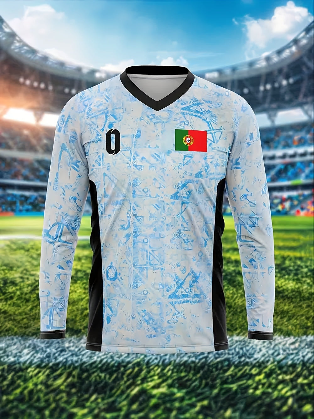 Portugal Legion of Five Shields Men'S V-Neck Long Sleeve Football Jersey, Polyester Material, All Over Print, Slight Stretch, Regular Fit, for Daily Leisure Party Gatherings, Training, Running, Soccer, Outdoor Activities