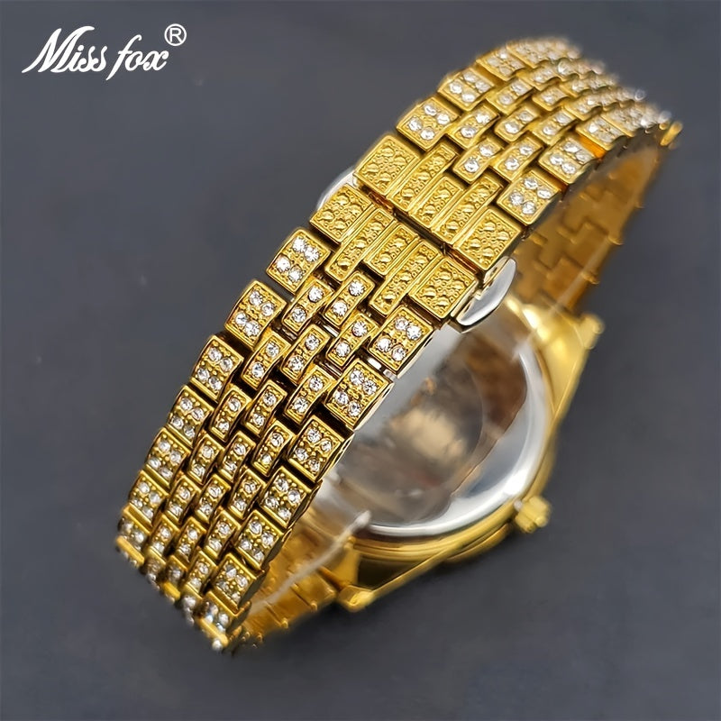 Luxurious And Stylish Men's Golden Watch With Full Diamonds, Perfect For Parties, Dates, And As A Valentine's Day Gift For Men And Women.