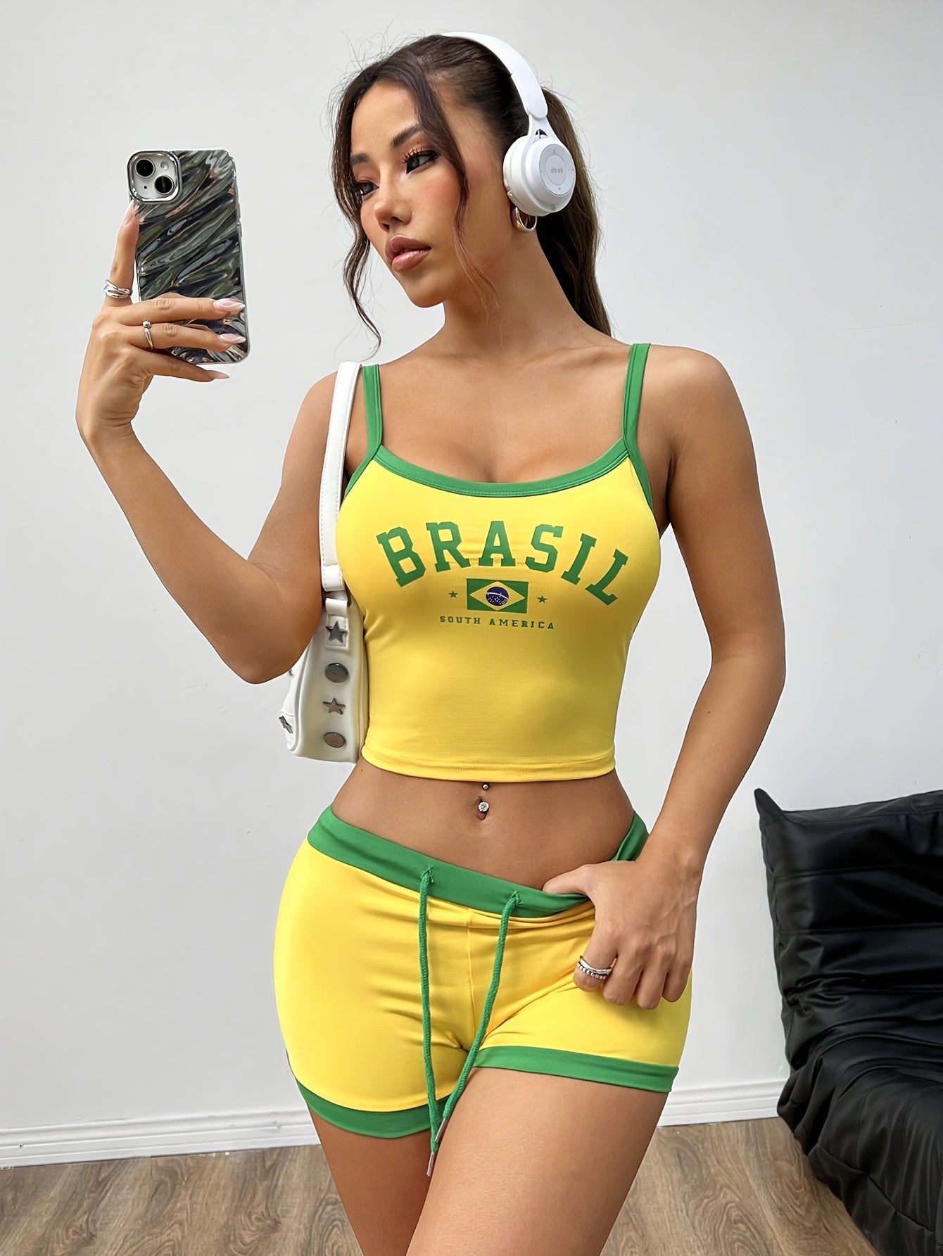 Casual Contrast Trim Shorts Set, Letter & Brazil Flag Print Crew Neck Cami Top & Drawstring Waist Slim Shorts, Women's Clothing