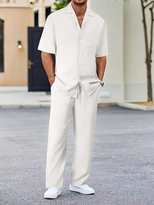 Men's Casual Suit-Inspired Short Sleeve Shirt & Loose Straight Pants Set - Polyester, Machine Washable