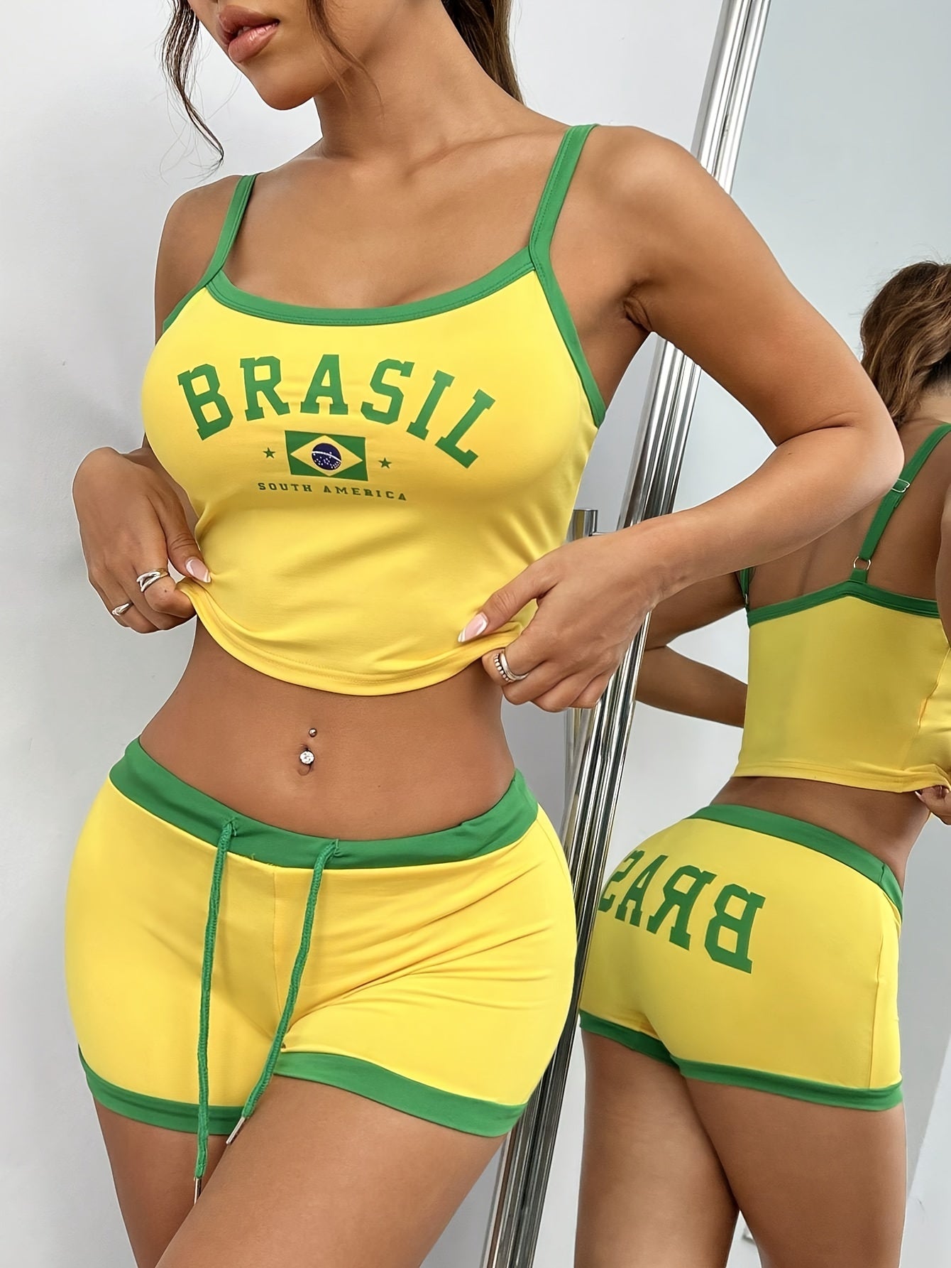 Casual Contrast Trim Shorts Set, Letter & Brazil Flag Print Crew Neck Cami Top & Drawstring Waist Slim Shorts, Women's Clothing