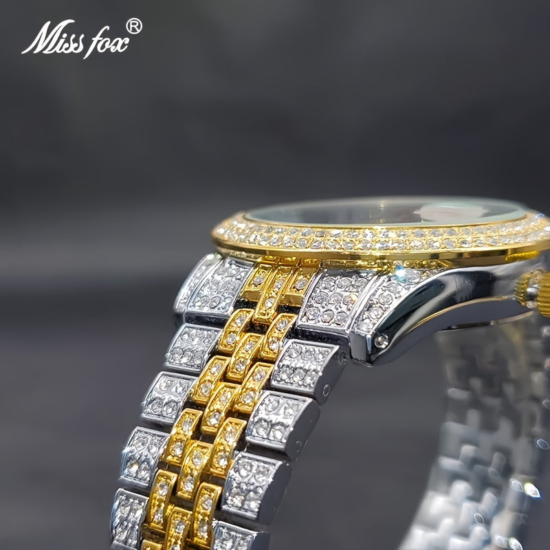 Luxurious And Stylish Men's Golden Watch With Full Diamonds, Perfect For Parties, Dates, And As A Valentine's Day Gift For Men And Women.