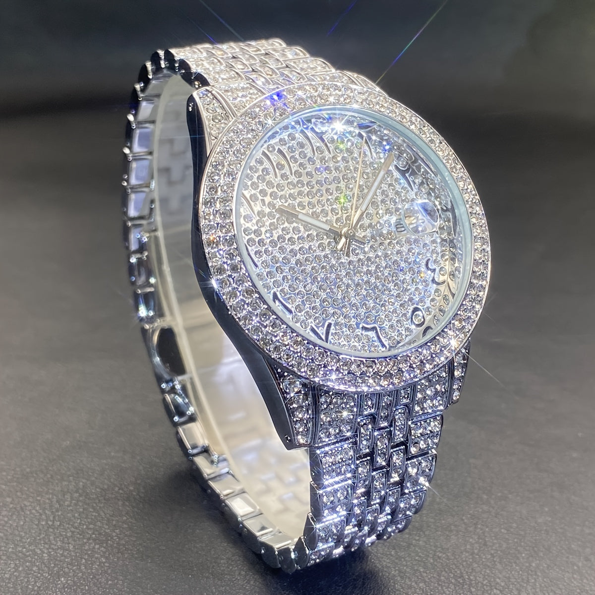 Luxurious And Stylish Men's Golden Watch With Full Diamonds, Perfect For Parties, Dates, And As A Valentine's Day Gift For Men And Women.